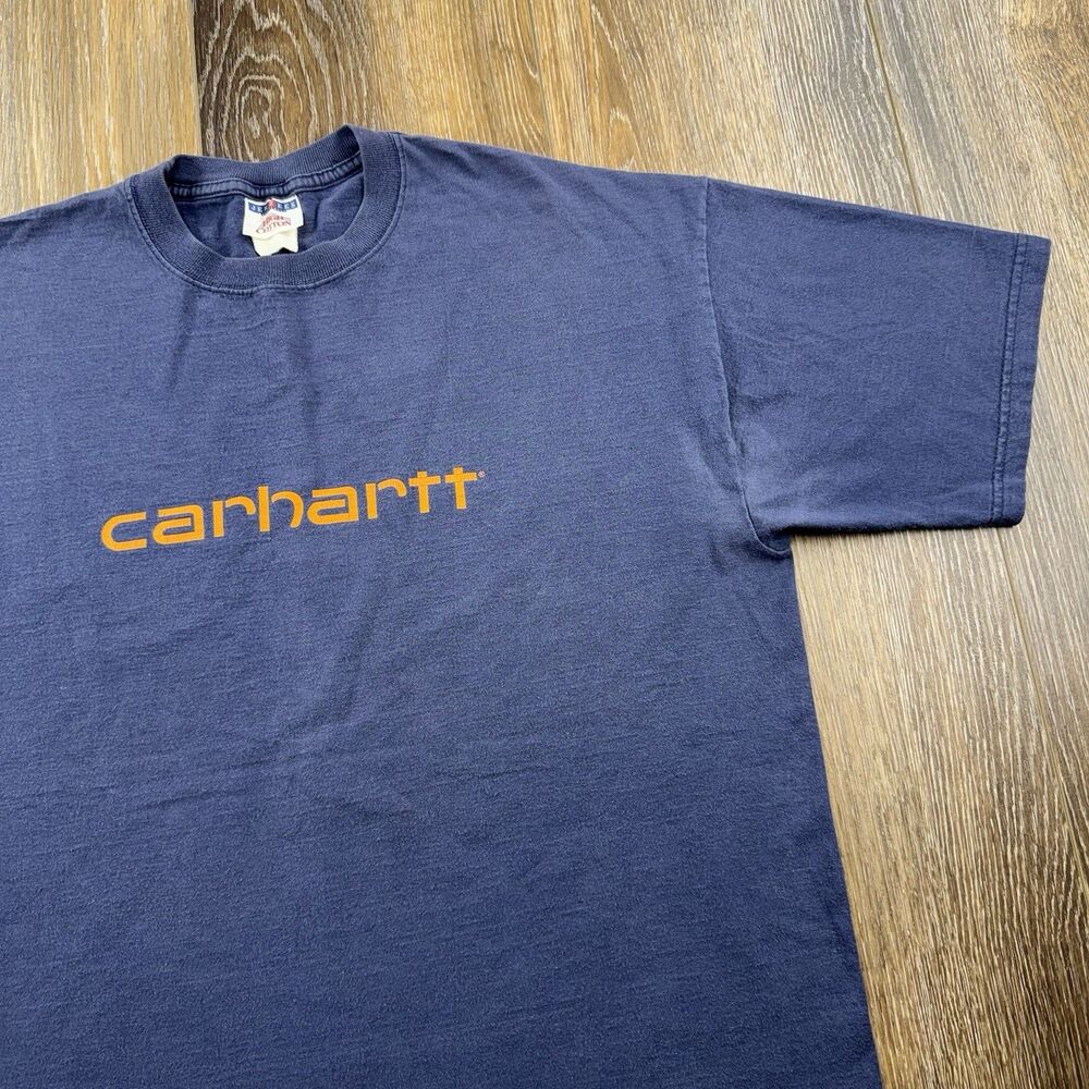 Vintage Carhartt Shirt Mens L Blue Spellout Logo 90s Workwear Early Production